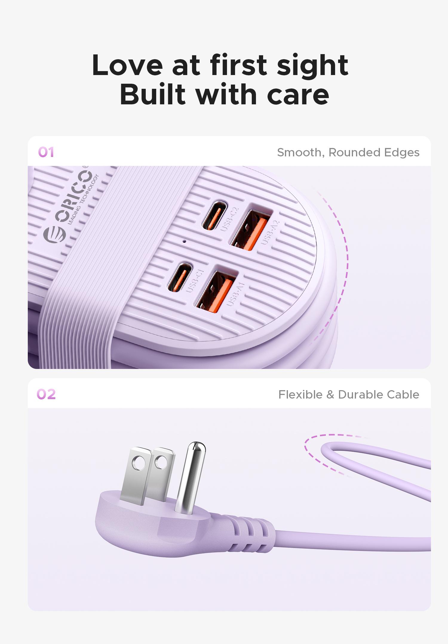 ORICO Upgraded 7-in-1 Travel Power Strip,2 Outlets & 4 USB Ports (2TYPE-C+2USB-A), 65W Fast Charging, Compact for Cruise, Hotel, Dorm, and Travel Essentials- TK