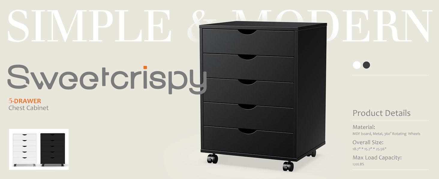 5 Drawer Chest Wood File Cabinet Rolling Organization Storage Dresser with Wheels for Home Office