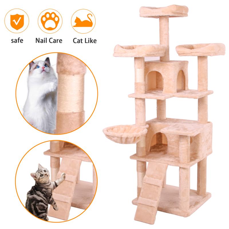 PINGO HOME Cat Tree Tower with Multiple Levels, Sisal Scratching Posts, Large Condo, Climbing Ladder, and Plush Toys for Indoor Kittens - Pink Color