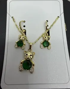 Earrings & Necklace Green Bear Set