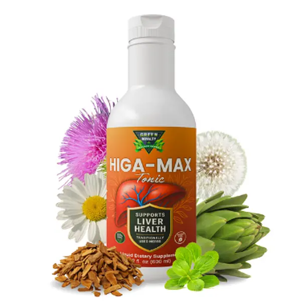 Green Royalty Higa-Max Blendable Edible Herbal Tonic Liquid Supplement - 20.2 fl oz Vegan Plant-Based Bottle, FDA Registered, GMP Certified Traditional Botanical Mix with Blessed Thistle, Artichoke Leaf, Gentian Root for Adults' Daily Wellness