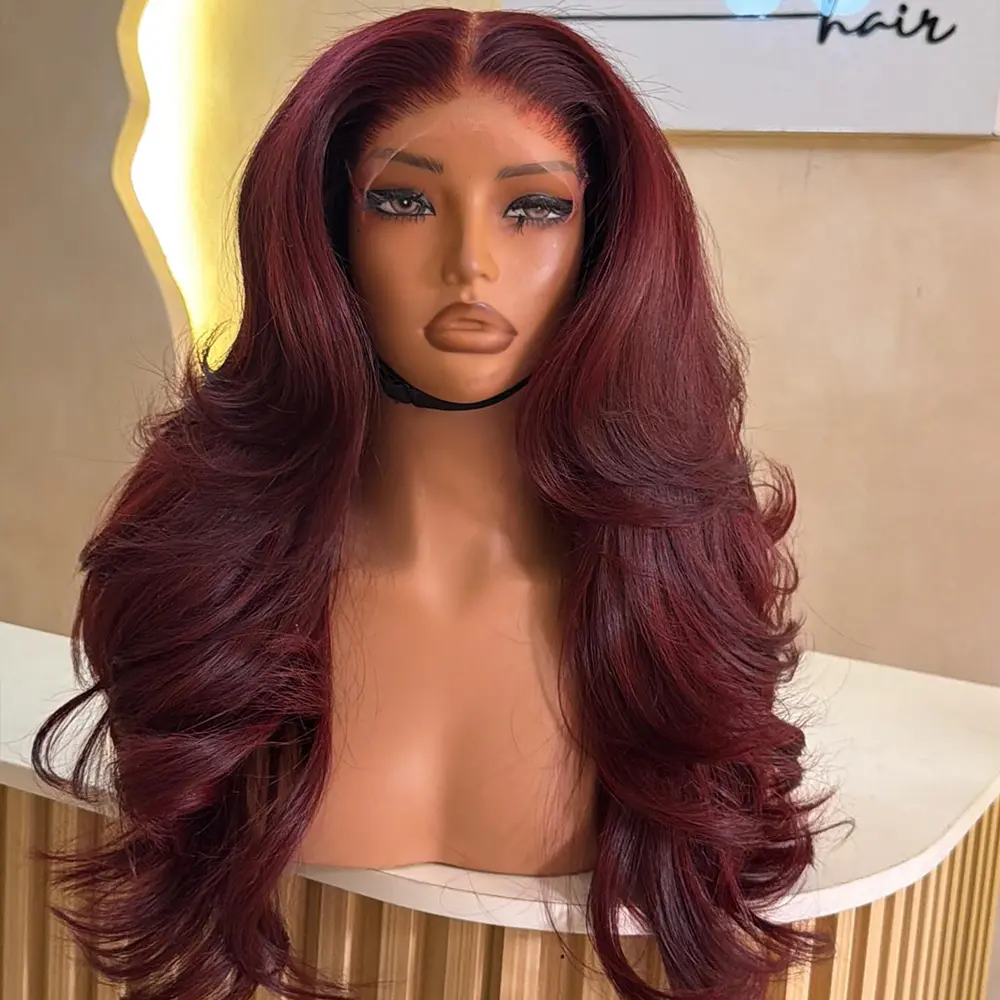 Female 28-inch Heat Resistant Synthetic Hair Lace Front Wig, Wine Red Burgundy Tone, Glueless 13x4 Free Part, Pre-Cut Straight with Wavy Curly Layers, Comfortable Secure Fit