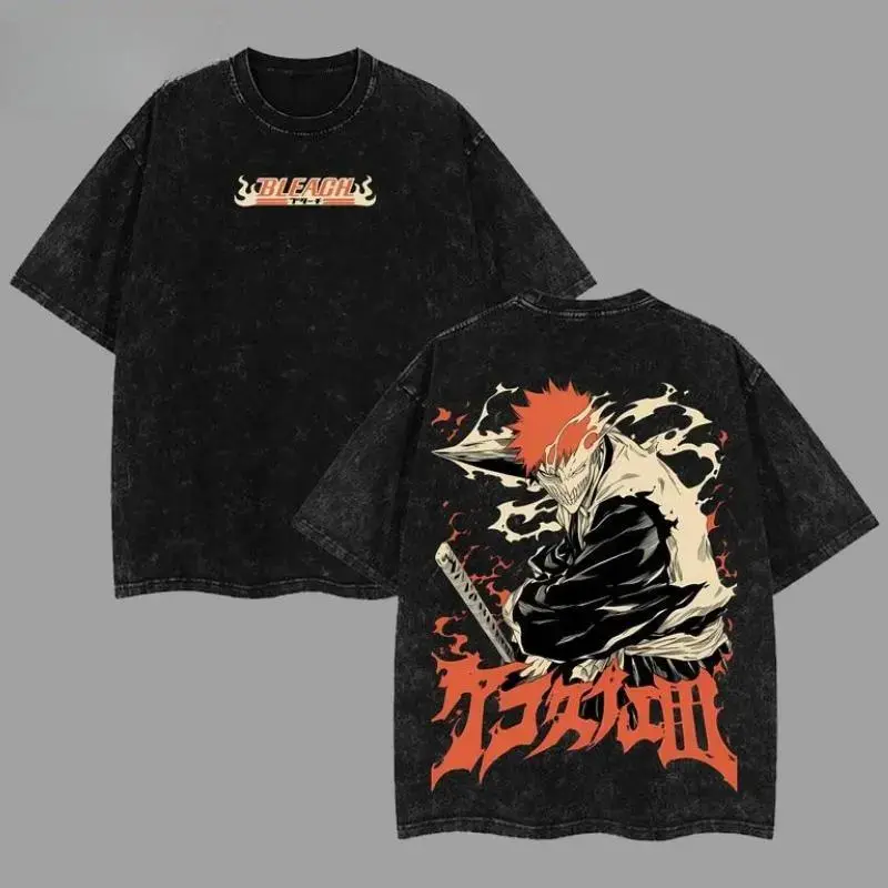 Retro Vintage Ichigo Kurosaki Rage Bankai Bleach Anime Unisex Oversize Anime Manga Washed Heavyweight Cotton T-shirt, Gift For Anime Fan, Anime Lover Bleach Fan