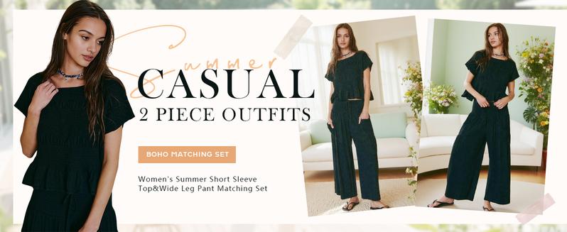 Yeokou Women’s  2-Piece Smocked Top & Wide-Leg Pants Set–High-Waisted Lounge Teacher's Outfit with Pockets Casual Boho Matching Set