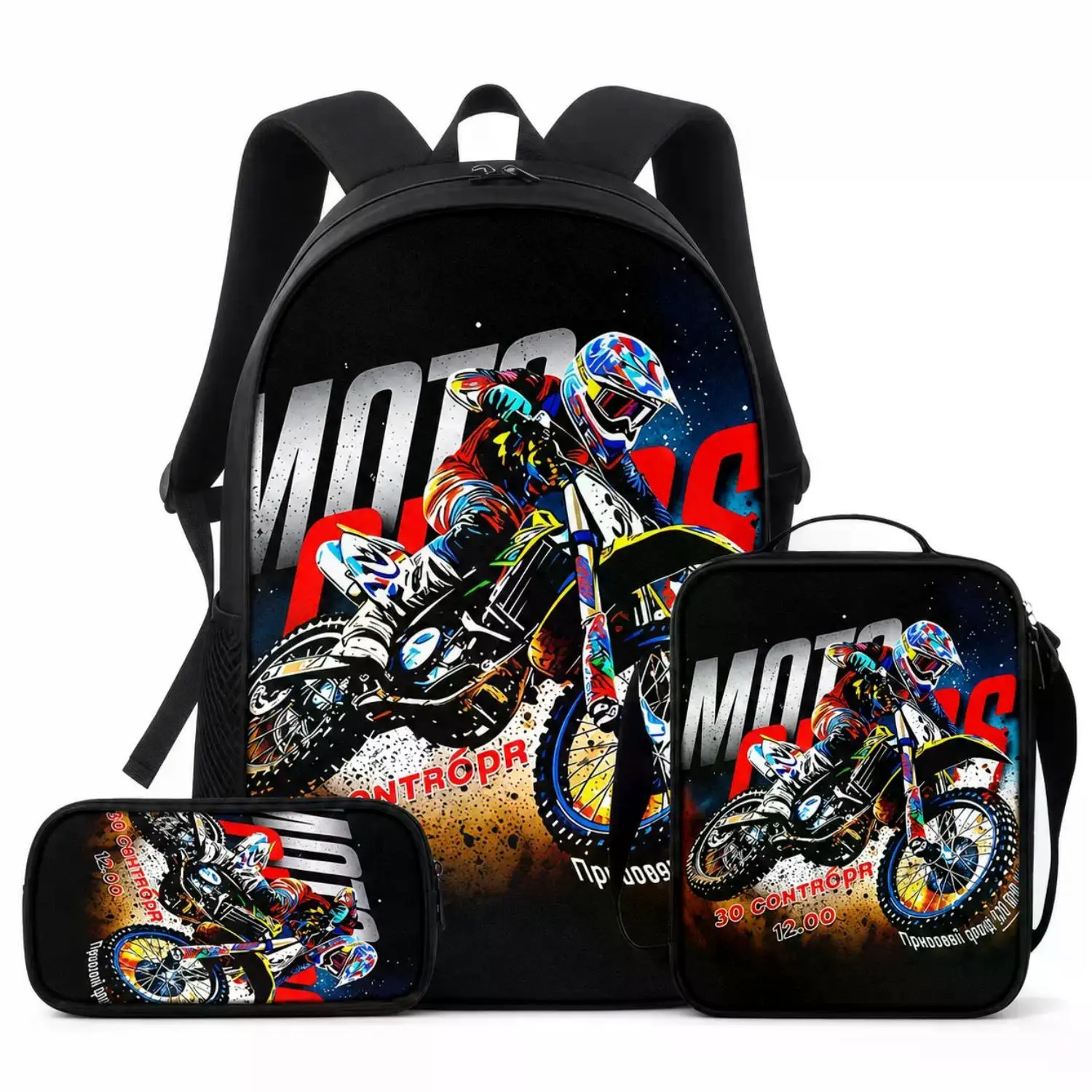 Motocross Rider Backpack Set: 3-Piece Dirt Bike Racing School Bookbag with Lunch Bag and Pencil Case - Perfect for Kids and Teens, Action Sports Travel Daypack, Ideal Back-to-School Racing Gift