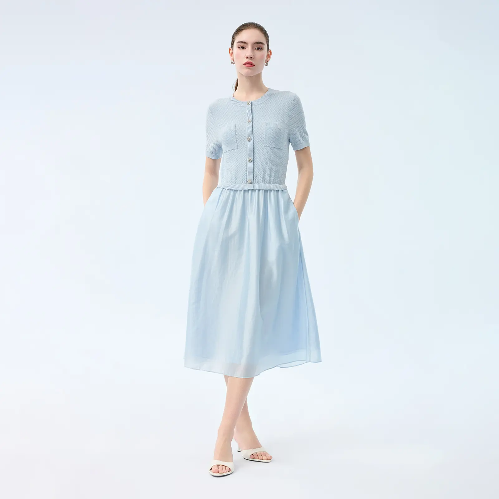 GOELIA Women's 29%-Lyocell Blend Knit Midi Dress, Patchwork Design, Moderate Thickness, Hand Wash, Flat Dry, Casual Womenswear, Patchwork Knit
