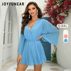 Clearance Joyfunear Pleated Chiffon Deep V Wide Long Sleeve Romper, Summer Outfits For Women, Women Summer Clothes, Cute Summer Tops, Brunch Outfits For Women, Beach Outfits For Women, Beach Vacation Outfits