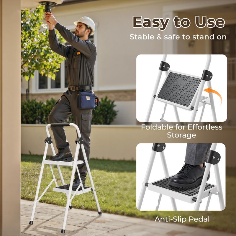 Flycity  2-step ladder, 2-step stool, adult folding step stool, with soft padded handle, wide anti-slip platform with ergonomic design. Adult portable step stool, multi-purpose for home, kitchen, office.