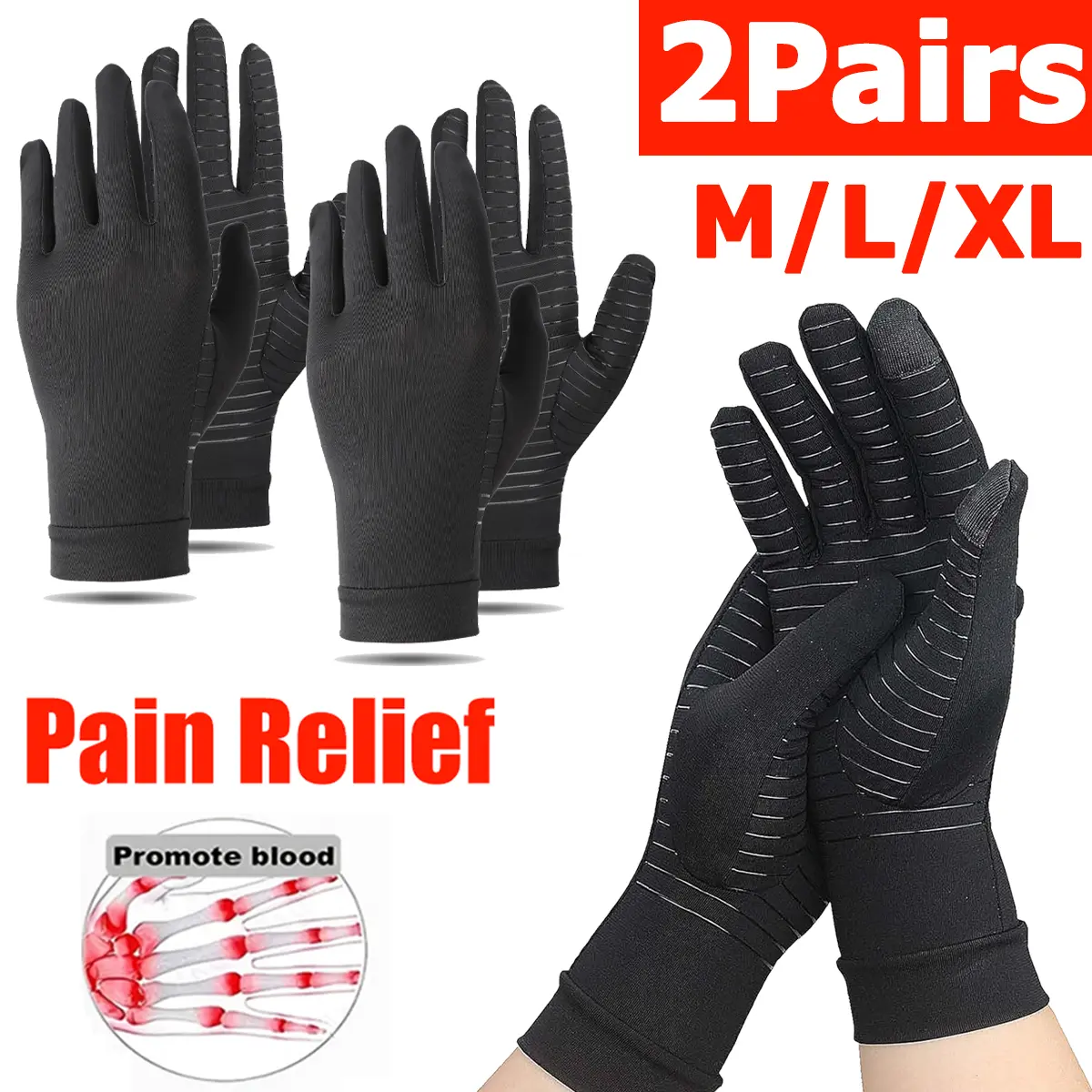 Unisex Copper Infused Cotton+Spandex Arthritis Compression Handgloves (2 Pairs) - Breathable Gloves for Person with Arthritis, Office Use, Fishing, Joint Pain Relief, Rehabilitation Care, Hand Warmth