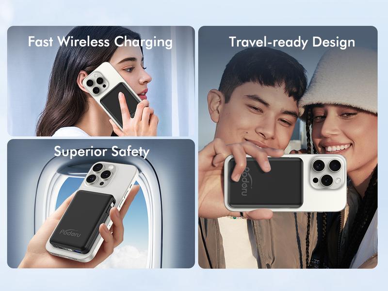 Podoru for MagSafe Battery Pack, 10000mAh Power Bank Built-in USB-C Cables Wireless Magnetic Portable Charger for iphone 15 and above model