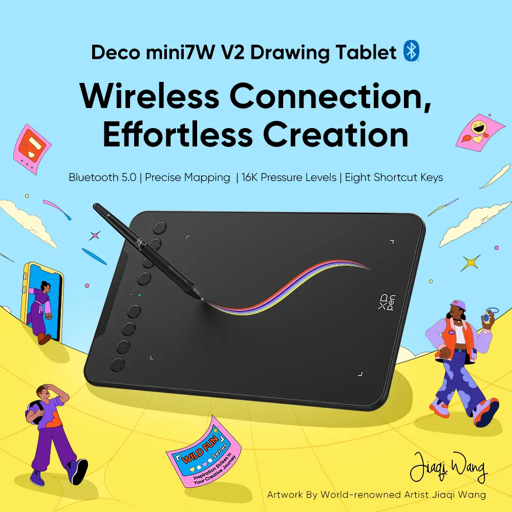 XPPen Graphics Drawing Tablet Deco mini7W V2 Wireless Bluetooth 5.0 Easy Connection 60° Tilt 16K Pressure Levels Stylus Precise Mapping with 8 Shortcut Key Support Connection with Android iPhone iPad PC Computer