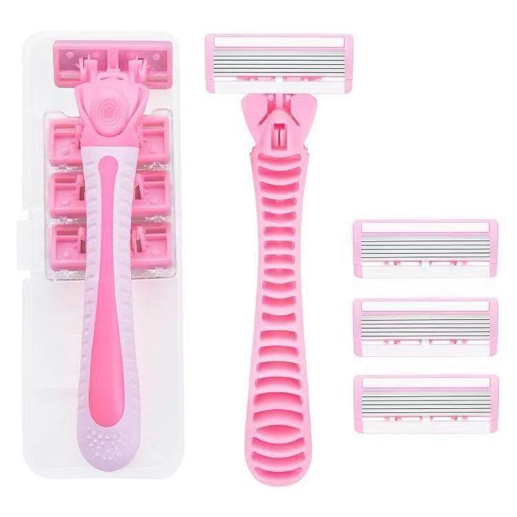 Razor Kit for Women, Travel Size 7-Blade Cartridge Razor, Includes Handle, 6 Refills and Travel Case  for Armpit and Full Body Hair Hair