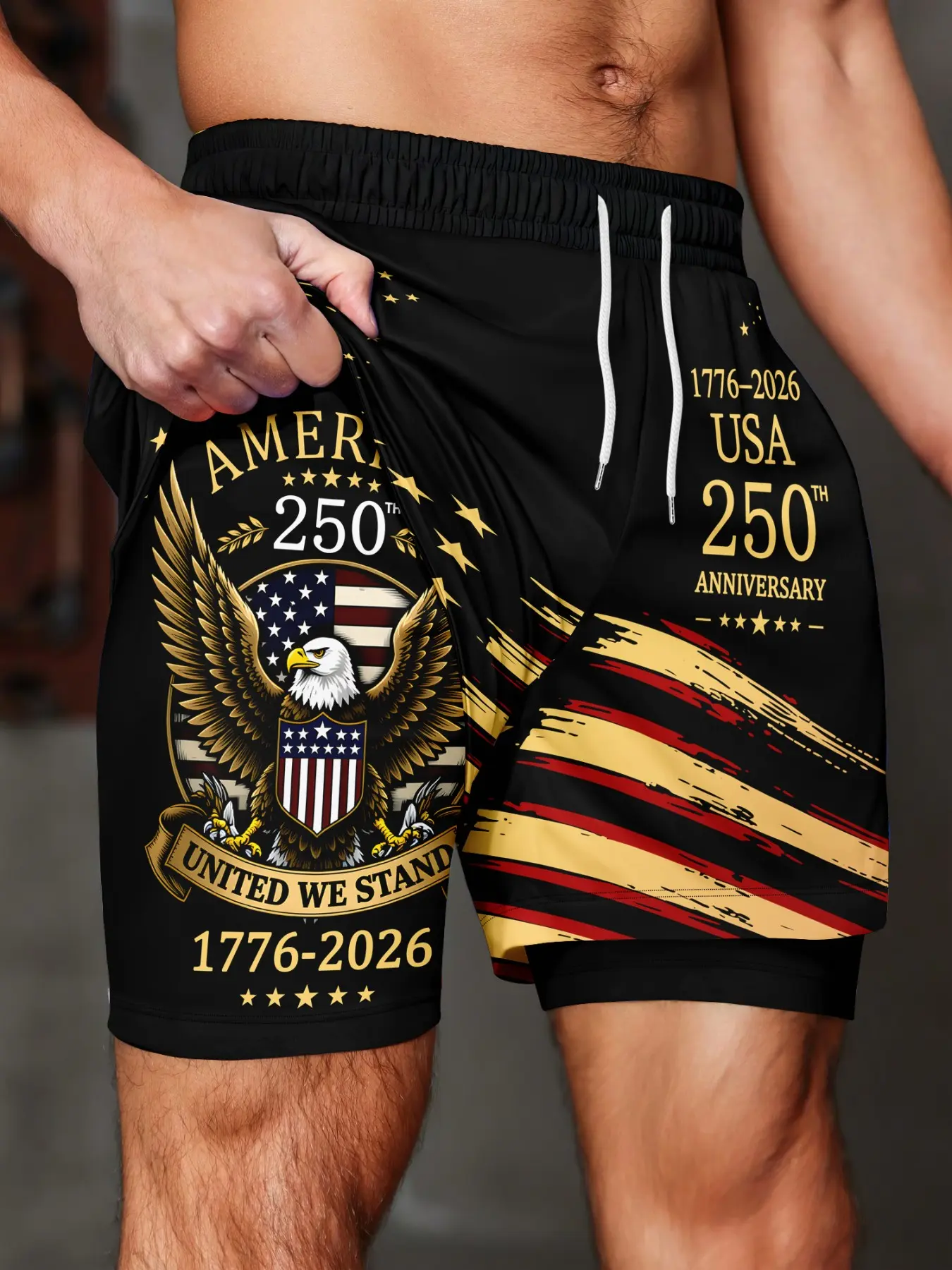 Men's 2-in-1 Quick-Dry Athletic Sports Drawstring Shorts, USA 250th Anniversary Bald Eagle & Stars and Stripes Print, Drawstring Casual Summer Gym Workout Shorts