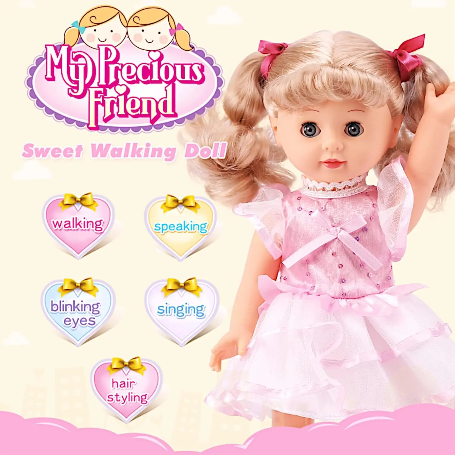 12in Princess Walking Doll, Cuddly Blonde Fashion Doll with Vinyl Body, Blinking Eyes, Clap-to-Control, Talking & Singing Interactive Toy for 3-4 Yrs Girls