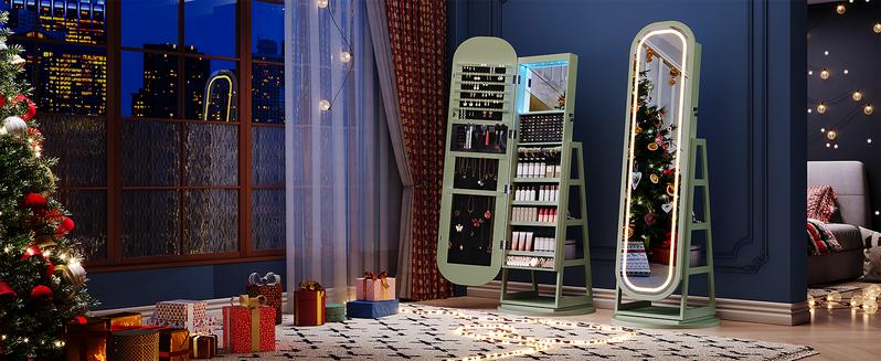 【LED Jewelry Mirror & Valentine's Day Gift】ONBRILL 360° Swivel Jewelry Mirror Cabinet with Lights Inside Makeup Mirror Standing Jewelry Armoire Organizer Rotatable Full-Length Mirror with Jewelry Storage Lockable with Back Storage Shelves