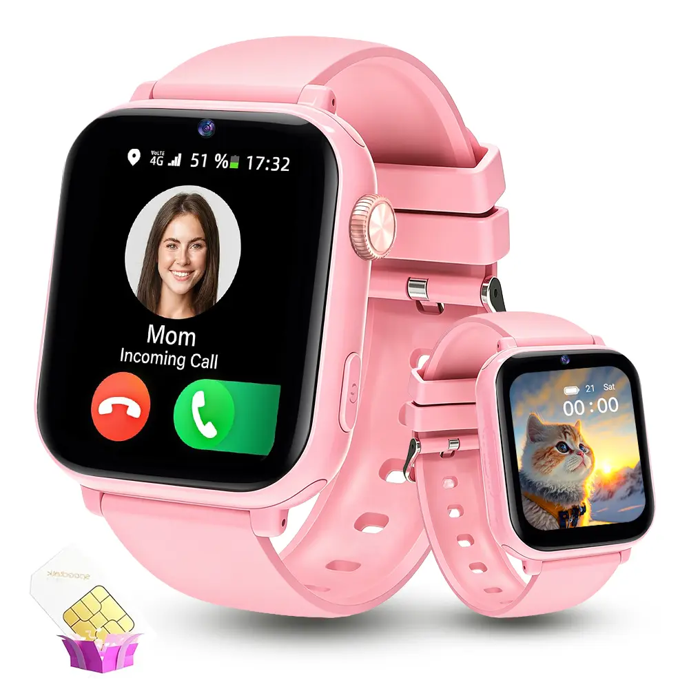 4G Silicone Kids' Smart Wristwatch Phone with Button Operation, ABS Plastic Build, Call/Camera/GPS, Video Call, Chat, Class Mode, SOS, Alarm, Games, Parental App, Touch Screen (Includes SIM Card) – Birthday Gift Ideas for 4-12 Year Olds