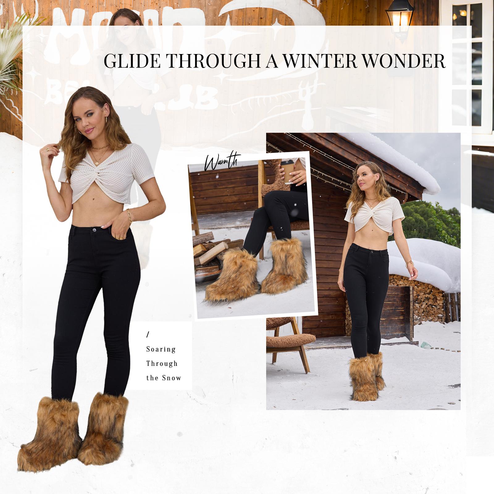 OOW Women's Fluffy Faux Fur Boots Y2K Fashion Design Non-Slip Warm Round Toe Suede Mid-Calf Boots for Outdoor Indoor Walking Shoes Brown Black Pink White