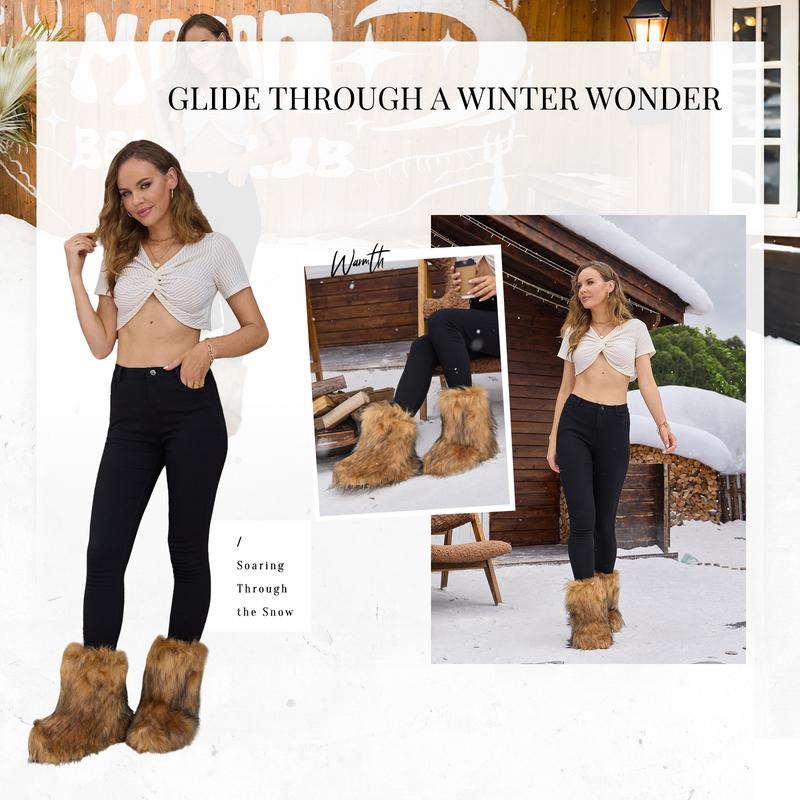 OOW Women's Fluffy Faux Fur Boots Y2K Fashion Design Non-Slip Warm Round Toe Suede Mid-Calf Boots for Outdoor Indoor Walking Shoes Brown Black Pink White