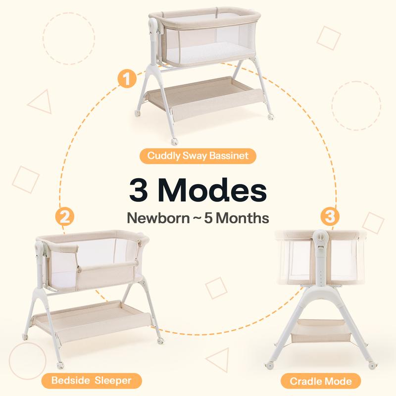 HARPPA Baby Bassinet 3-in-1 Rocking Cuddly Sway & Bedside storage Sleeper with Mattress Cover No Sheet for Cozy Nights Unisex Design Portable Sleeping Cot toddler bed