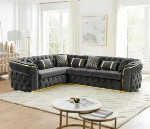 110.5" Luxury Italian Velvet L Shape Chesterfield Sofa with Gold Stainless Steel Decor Oversize Curved Arm Button Tufted Sectional Couch for Living Room with 7 Pillows Gray