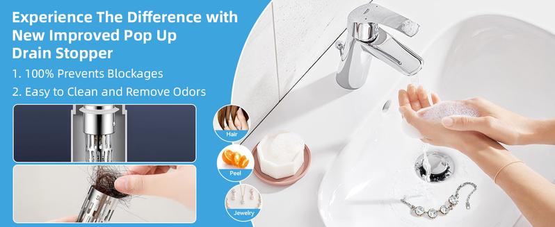 Bathroom Sink Drain Stopper, Universal Pop Up Drain for Bathroom Sink Replacement, Sink Drain Cover with Anti-Clogging Filter Basket Hair Catcher, Sink Drain Strainer for 1.1-1.45 Inch