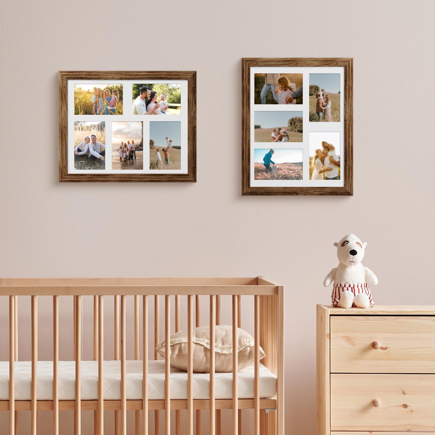 11x14 Picture Frame Set of 2, Rustic Brown Wood Frame with Real Glass Collage Picture Frames, Display Pictures Five 4x6 With Mat or 11 x 14 Without Mat, Photo Frames Wall Gallery