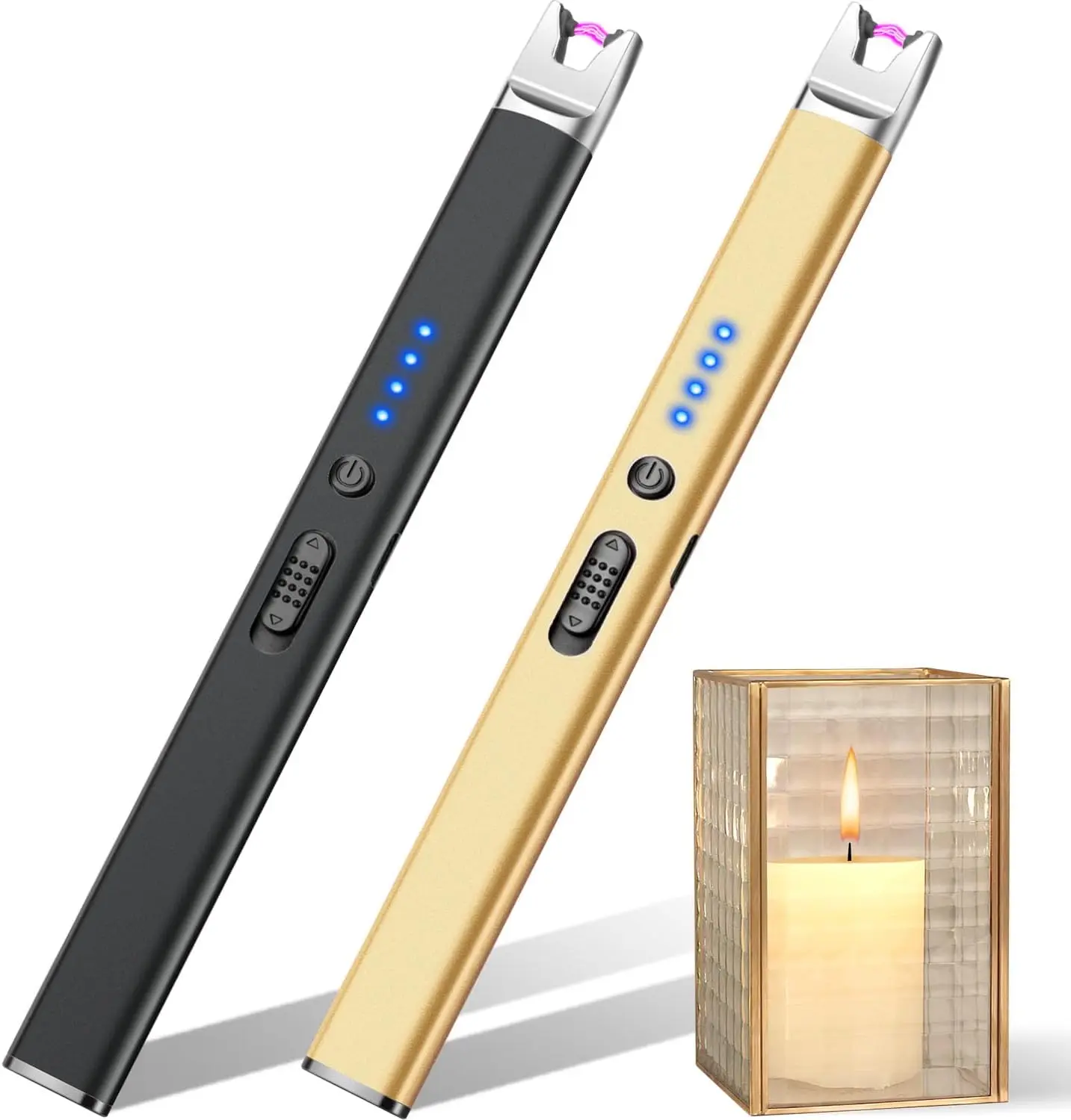 2 Pack Candle Lighter USB Rechargeable Electric Plasma Arc Lighters with Safety Lock, Windproof Flameless Long Lighters Matches for Candle, Grill, BBQ, Camping, Gas Stoves (Black, Gold), Switch, Multi-Use