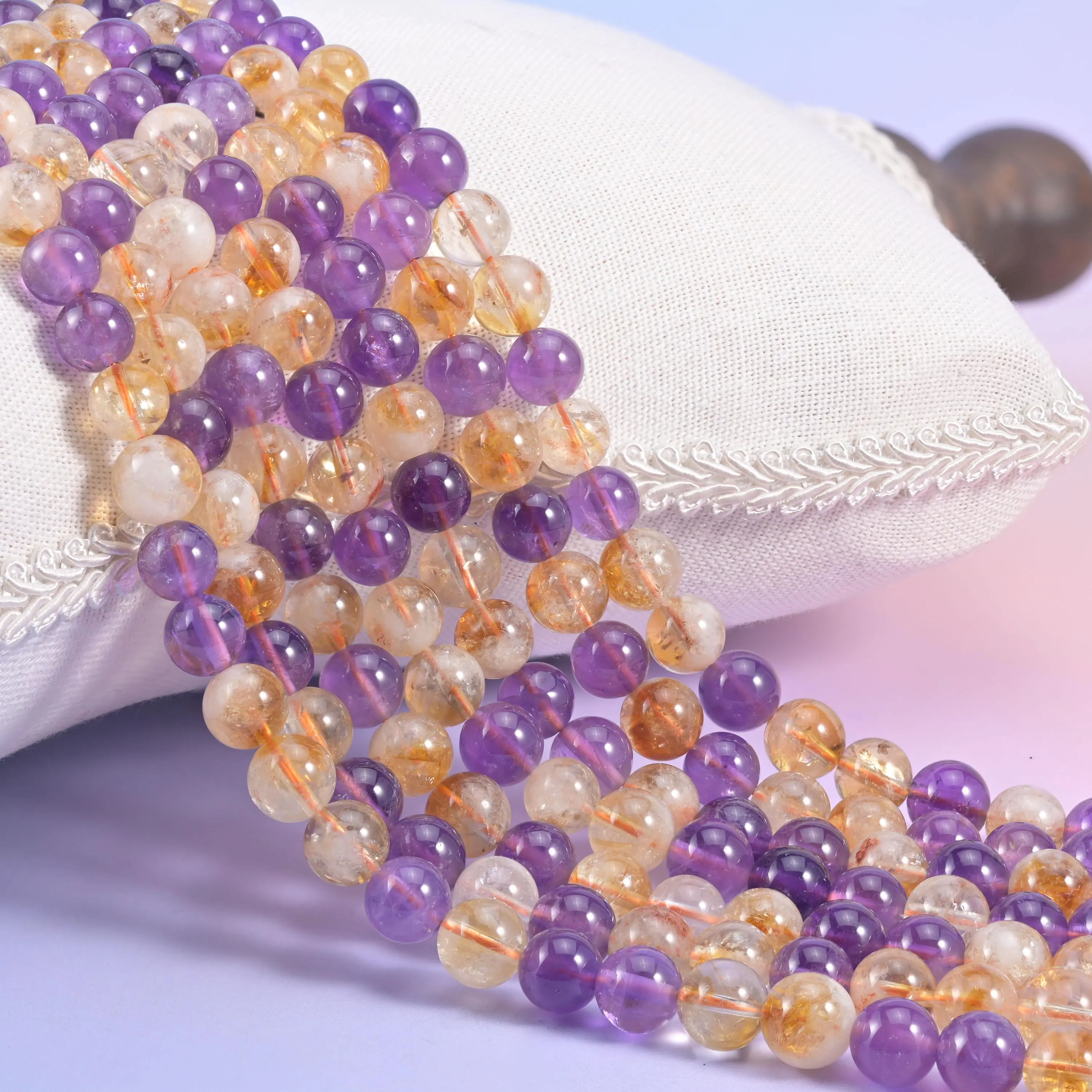 Colored Classic Mixed Gemstone Polished Round Beads - Amethyst, Citrine, 4mm/6mm/8mm/10mm Sizes, Center-Drilled Hole, 15in Strand for Jewelry Making, Necklaces, Bracelets & Bangles, Polished Surface, Mixed Gemstones