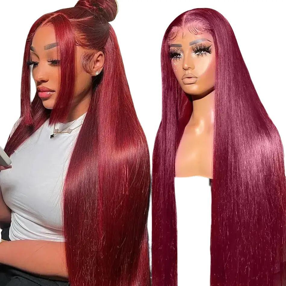#4 Chocolate Ginger Brown 13X6 HD Lace Frontal Human Hair Wigs 180% Density Bone Straight 99J Straight Burgundy Red Colored 13X6 Lace Front Wig For Women Lace Front Wigs
