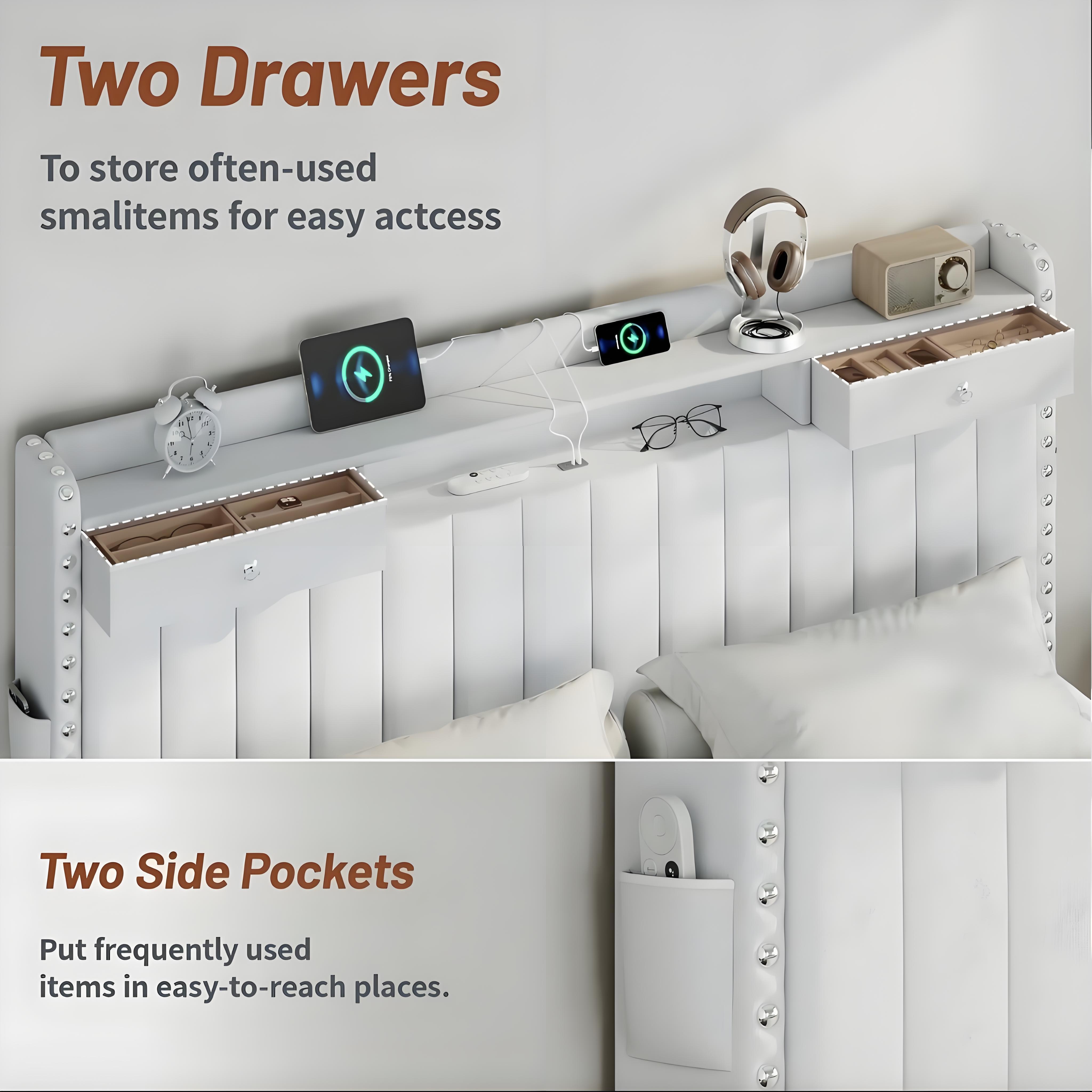 TryLazy Upholstered Flatform Bed Frame with 4 Storage Drawers No MATTRESS Queen Size Wood Slats Holds 900lbs No Noise Rivet Design USB Socket White