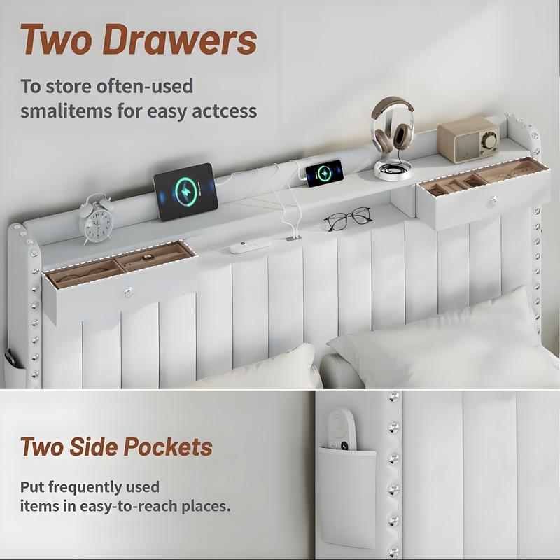 TryLazy Upholstered Flatform Bed Frame with 4 Storage Drawers No MATTRESS Queen Size Wood Slats Holds 900lbs No Noise Rivet Design USB Socket White