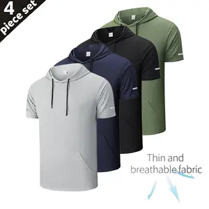 Men’s 4-piece quick-dry set featuring a hooded short-sleeve sports jacket with reflective stripes and slanted large pockets; breathable, quick-drying crewneck short-sleeve hoodie for the gym, fitness, and running — SpringStatements