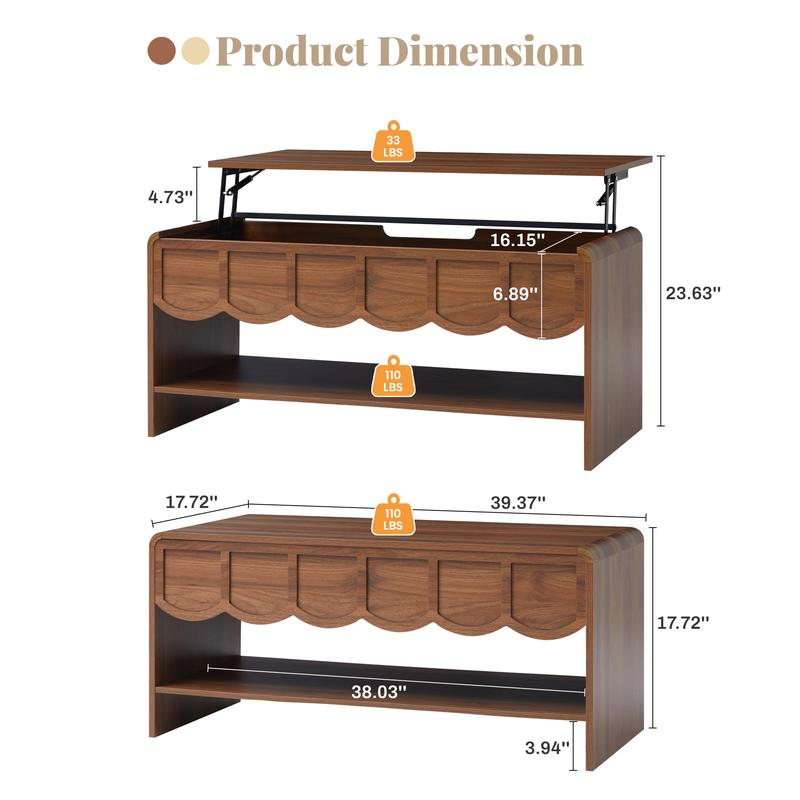 Giratree 39.37" Lift Top Coffee Table with Hidden Compartment, 2 Tier Wooden Center Table with Wave Panel, Modern Lift Tabletop for Home Living Room Office, Walnut