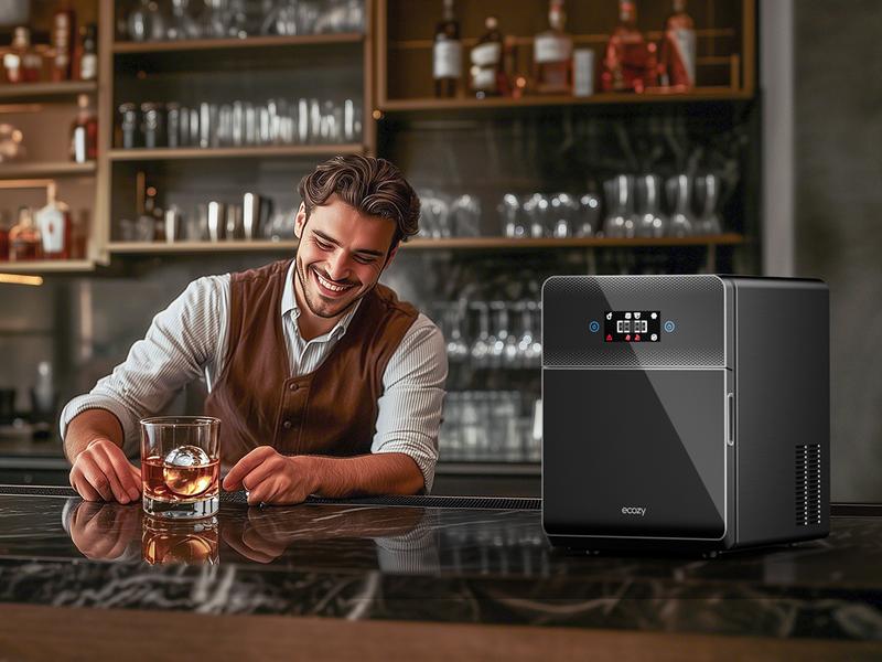 ecozy 2 Inch Clear Ice Ball Maker with CrystalFlux Technology, 4 pcs in 40 Mins, 144 pcs/Day, Sphere Ice Maker with Enhanced Insulation, Automatic Water Supply, Self-Cleaning, Automatic Ice Ball Maker for Whiskey & Bourbon