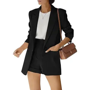 Cicy Bell  Women's 2 Piece Open Front Long Sleeve Blazer & Solid Short Pants Suit Set Soft Stretchy Blend Notched Collar Fully Lined Professional Look