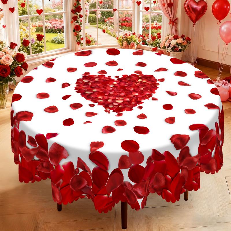 PUFMATE Romantic Valentine's Day Table Cover, Rectangle Round Table Cloth, With Rose Flower Love Heart Print Pattern, Wedding Decor, Candlelight Dinner Table Decoration, Outdoor Garden, Anniversary Party Decoration, Holiday Decoration,Valentine Gifts