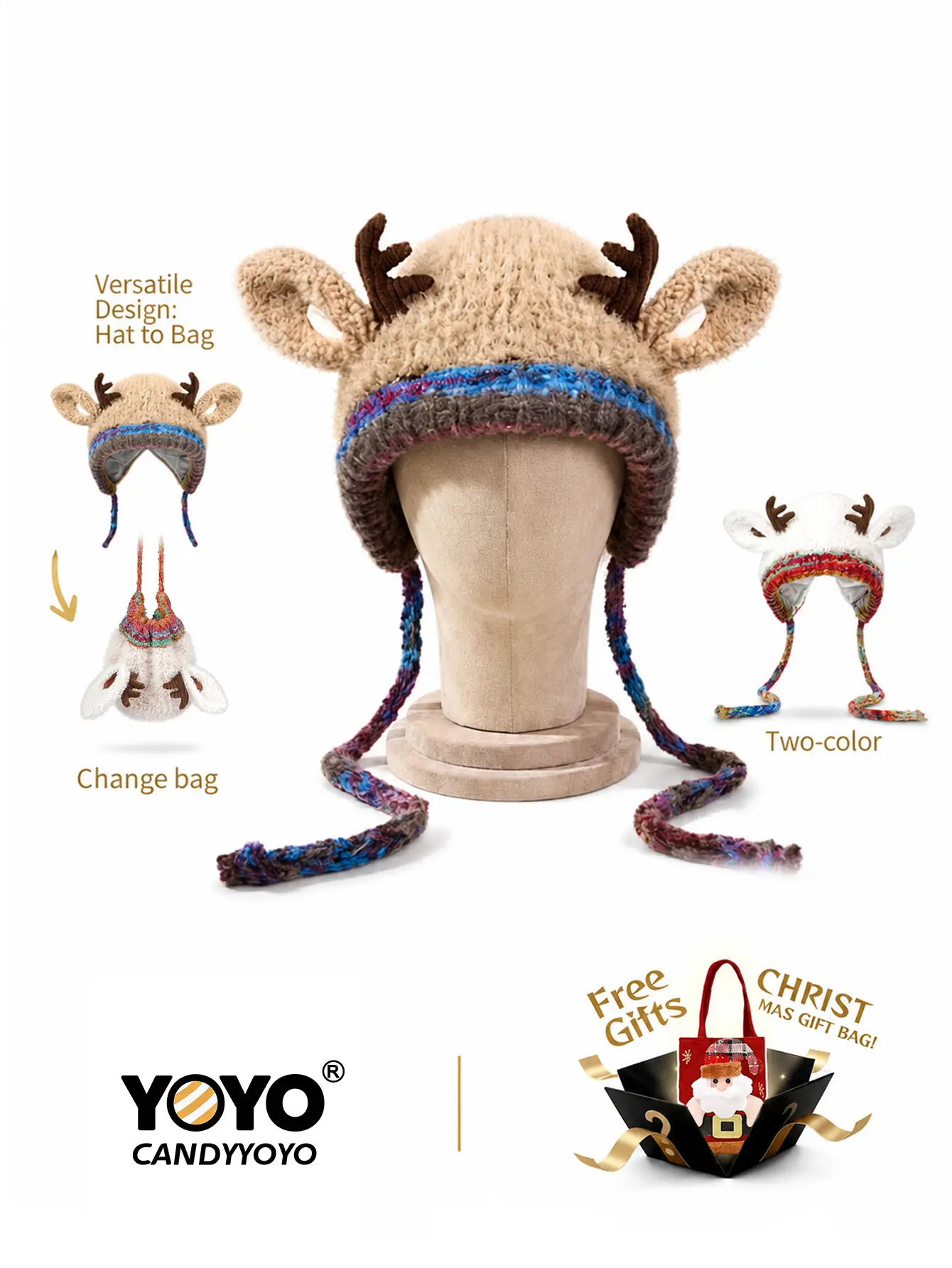 Original design Festive Christmas Antler Hat (It can be used，A hat has multiple uses.)Knitted Ear Protection Windproof Warm Hat Suitable for the family It can be worn by adults , without limiting the circumference of the head，for Thanksgiving & Christmas。