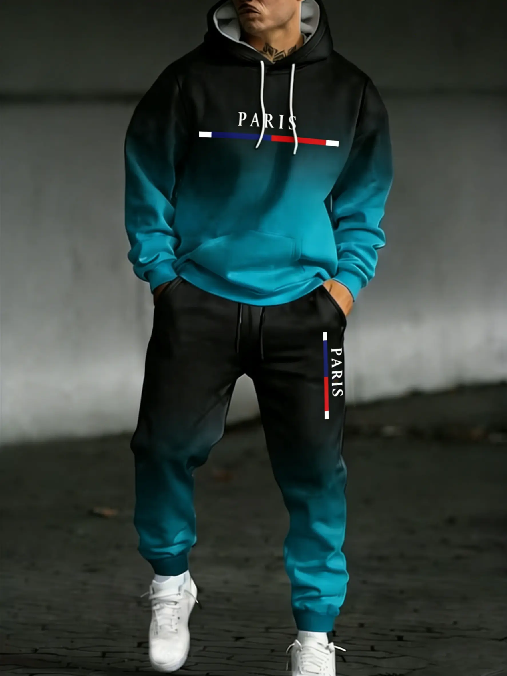 Men's 2-Piece Loose-Fit Gradual Black-Red Hoodie Tracksuit - 2026 Viral Casual Sweatsuit Outfits, Polyester Sweatpants, Autumn-Winter Street Fashion Clothing