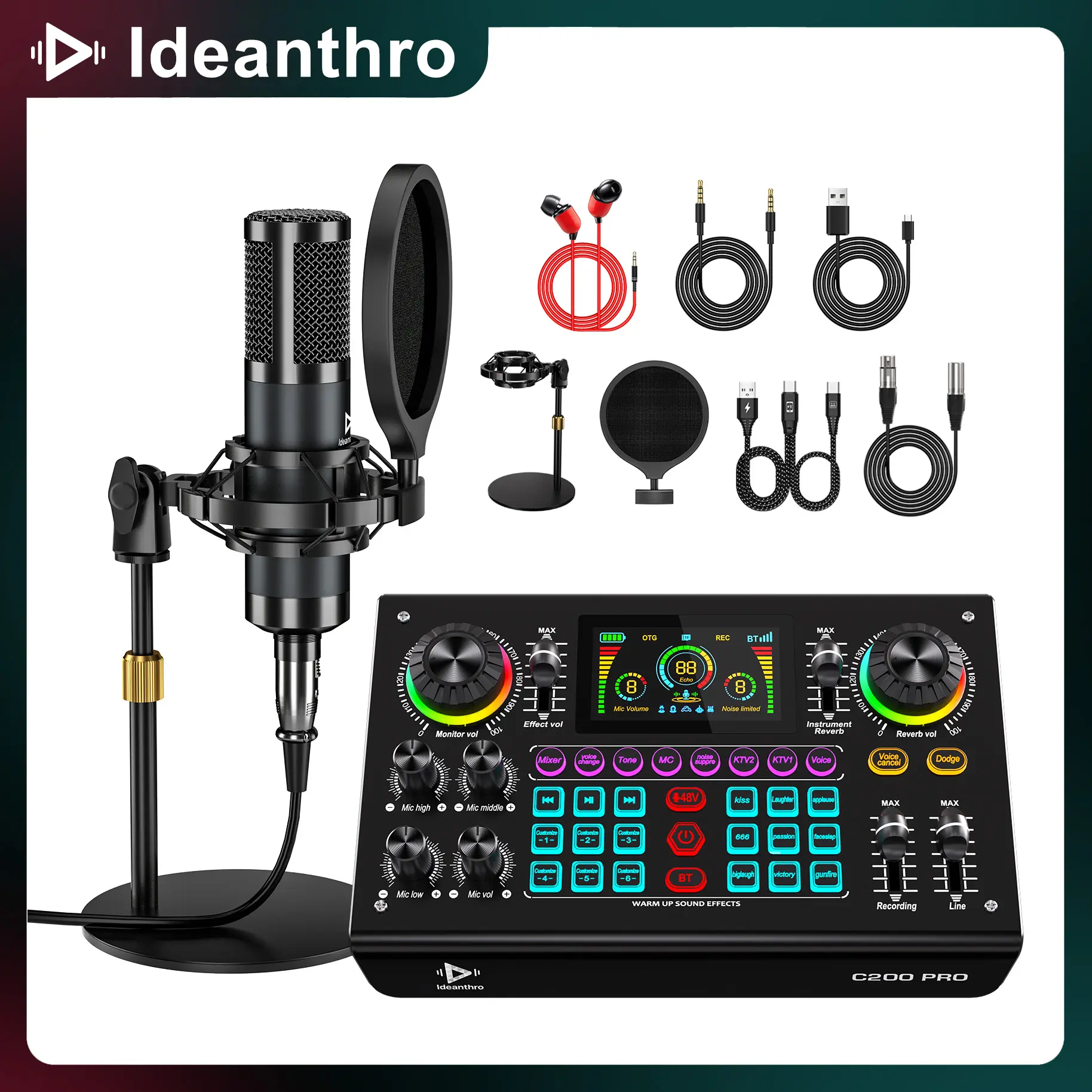 Ideanthro C200 PRO-P15 Plastic Digital USB Audio Mixer - Dual-Core DSP, 2 Mic Outputs, 2 Headphone Outputs, Adjustable Tone, Multiple Voice Changers, Noise Reduction, Electronic Soundboard for Content Creators, Streamers, Multi-Device Compatibility, Conte