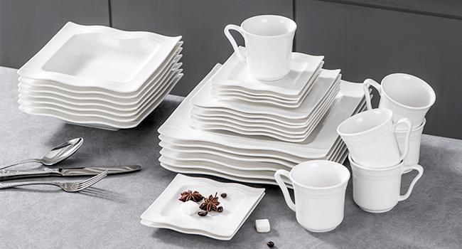 MALACASA 28/30 Pieces Ivory White Dinnerware Sets,  Porcelain Square Plates and Bowls Sets for 6, Ceramic Dishware Set, Series Mario modern design Winter Holiday