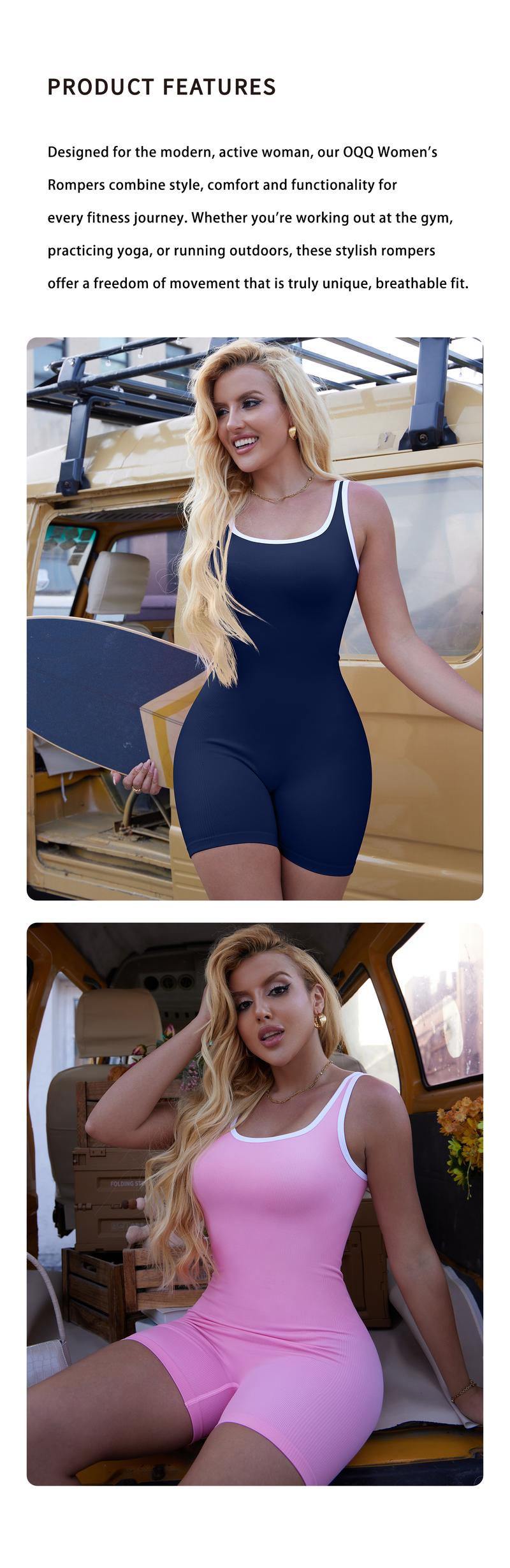 OQQfitness Womenswear Contrast Trim Chic Sleeveless Rompers for Women Fashion Trendy Lightweight Soft Basic Shorts Minimalist Casual Outfits