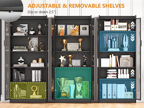 Miu Display Cabinet with Adjustable Shelves, 65" Tall Bookcase with LED Lights/Human Sensor, 5 Tier Display Case for Collectibles Bedroom Living Room Office, Black - Transparent Acrylic Doors Freestanding Kitchen Cupboard Modern Storage Dresser