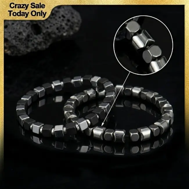 Magnetic Hematite Bracelet for Men Women Stretch Healing Energy Stone Bangle with Geometric Square Cube Beads Black Silver Anti Fatigue Jewelry Gift for Daily Wear