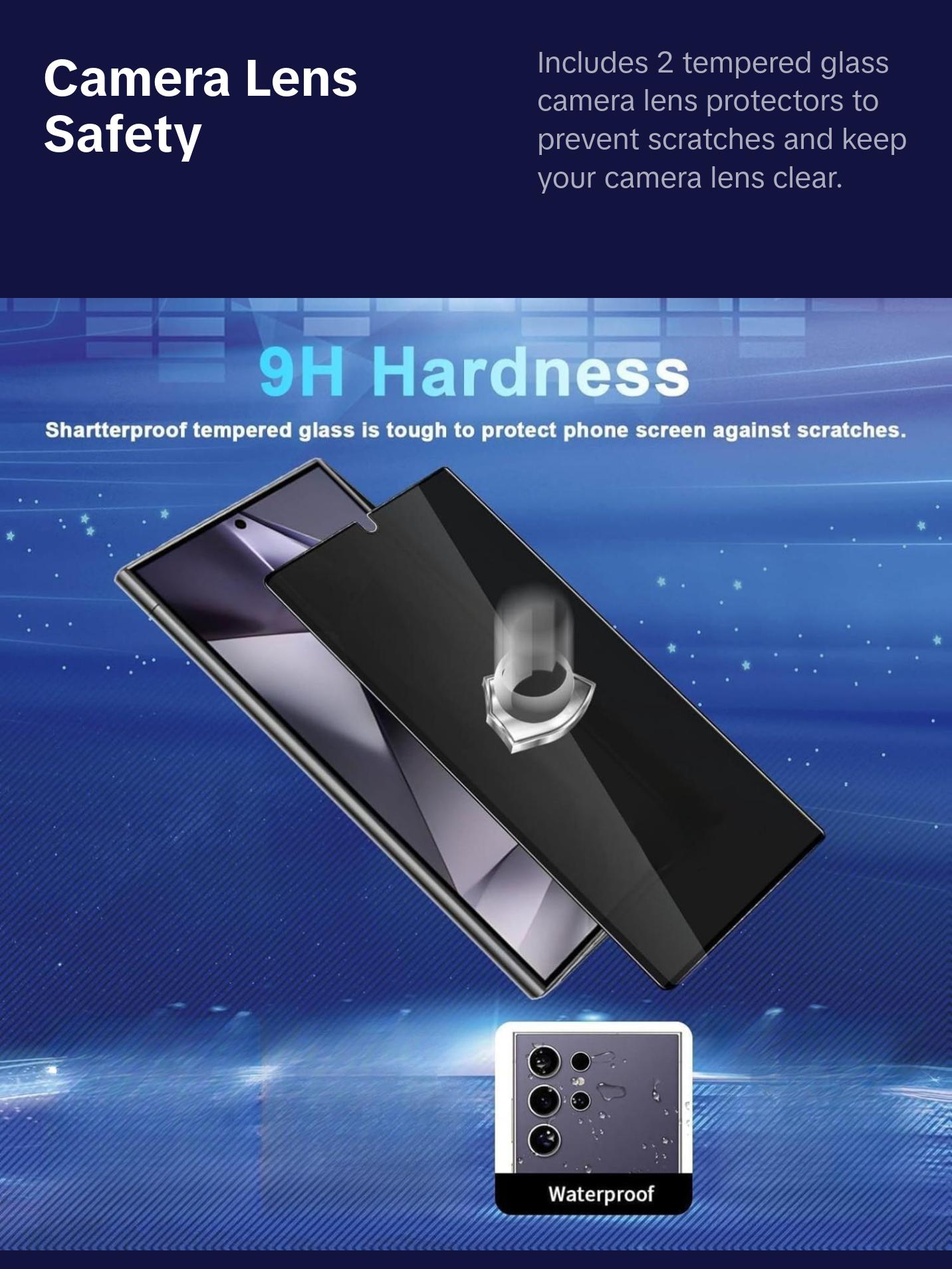 3+2 Pack Privacy Screen Protector Compatible with Galaxy S24 Ultra 5G - 3 Tempered Glass Film + 2 Camera Lens Protectors , High Clarity Bubble Free, Anti-Spy Protection Cloth Crystal 3+2 Pack Privacy Screen Protector Compatible with Galaxy S24 Ultra 5G - 3 Tempered Glass Film + 2 Camera Lens Protectors , High Clarity Bubble Free, Anti-Spy Protection Cloth Crystal