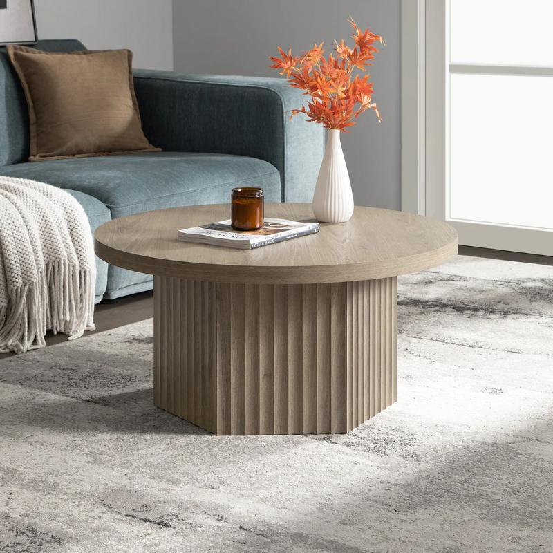 SICOTAS Round Coffee Table for Living Room, Modern Fluted Circle Center Coffee Table with Storage, 32" Accent Tea Dining Table for Apartment, Grey Alder