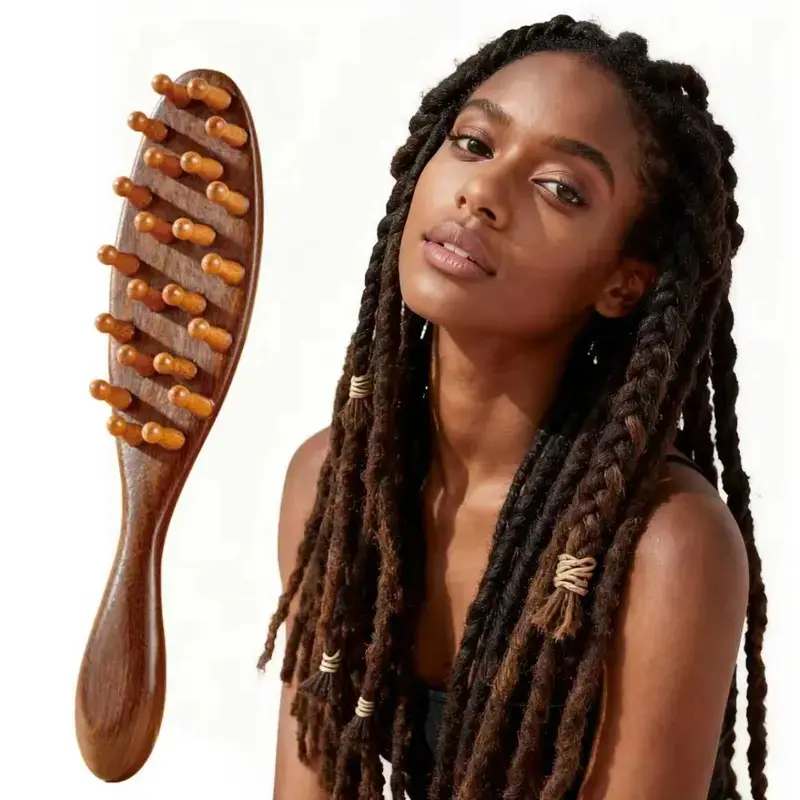 Natural Wood Loc Brush - Wide Tooth Hair Comb for Dreads, Scalp Massage, Dandruff Removal & Detangling Needs, Detangler Combs, Wooden, Anti-Tangle, Braid