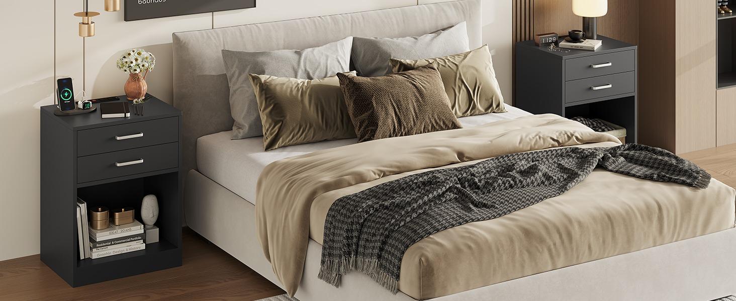 Sikaic 2PCS Nightstand With Charging Station Drawers Bedside Table