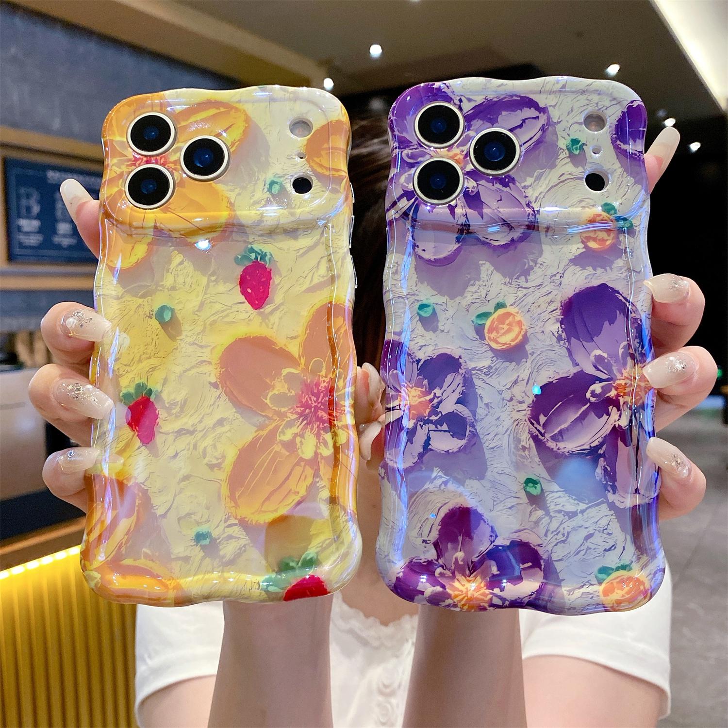 Colorful Retro Oil Painting Flower Pattern Compatible with iPhone 17 Pro Max/ 16/15/ 14/13,Pretty Glossy Pattern Wave Cover Cute Sparkly Floral TPU Protective Case for Women and Girl