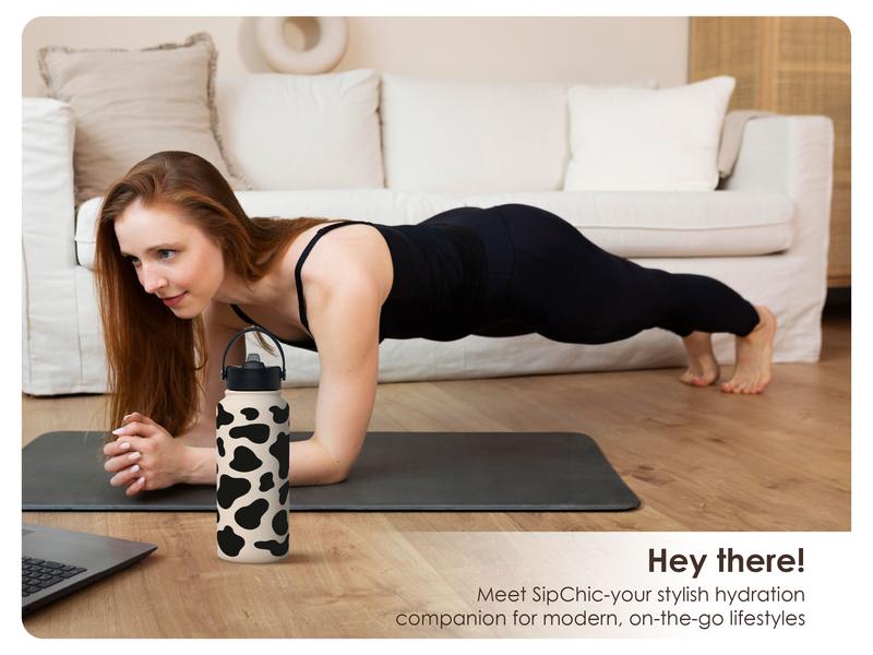 Sandjest SipChic 32oz Sports Water Bottle with Flip Straw & Handle, Portable Insulated Stainless Steel Leak Proof, Travel Gym Mom Nurse Christmas Gift