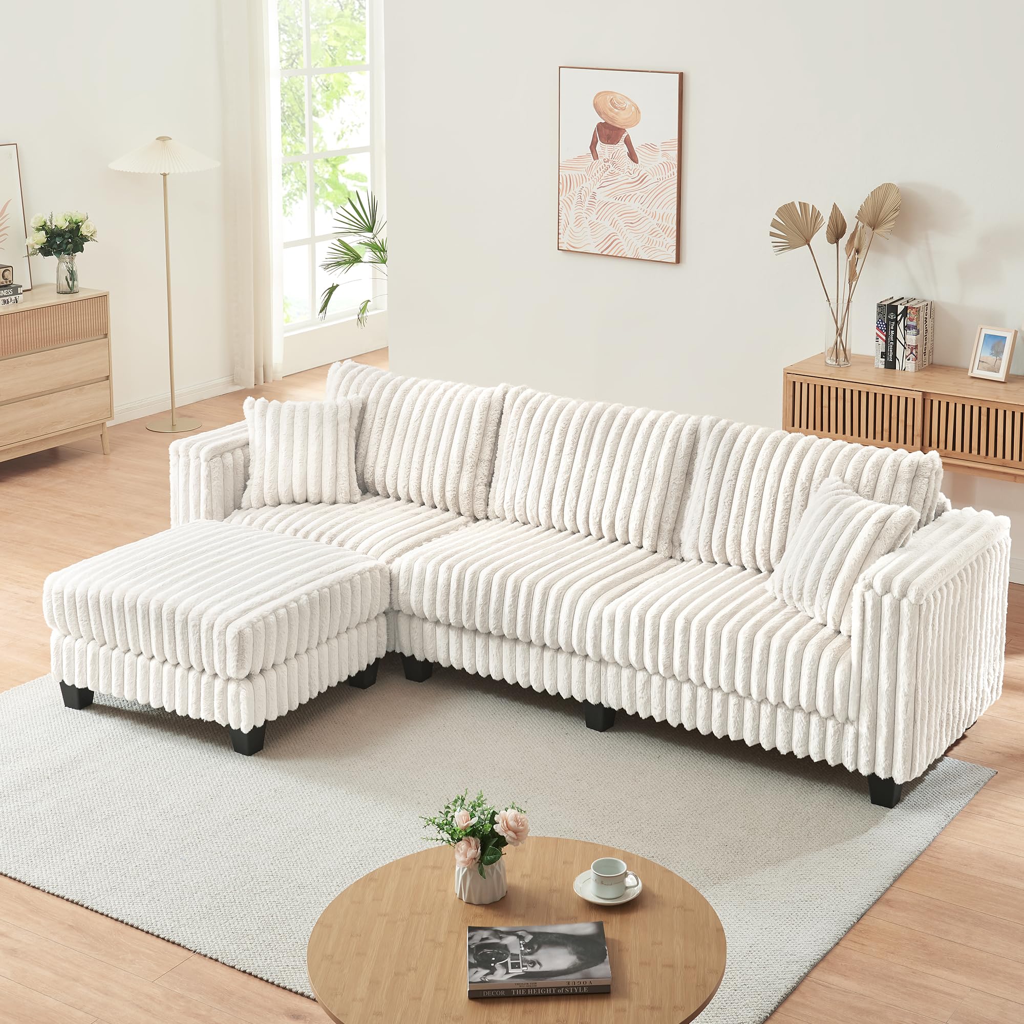 【2 Packages Shipping】Giratree 137" Plush Corduroy Cloud Velvet Modular Couch with Chaise, No Assembly Required L-V-U Shaped Sectional Sofa Set with Flexible Configuration